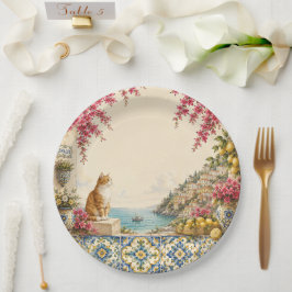 Plato De Papel Escape Mediterráneo Gato  | Decoración de Fiesta C