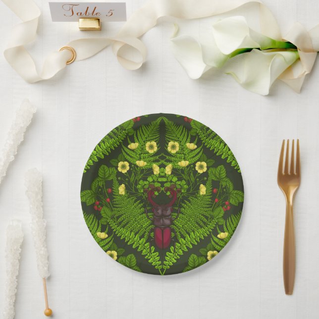 Plato De Papel Escarabajo y helechos, hojas verdes (Boda)