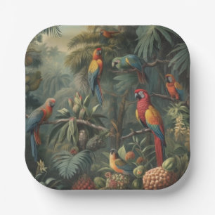 Plato De Papel Escena botánica de loros y piñas