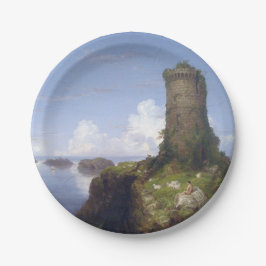 Plato De Papel Escena costera italiana con una torre en ruinas