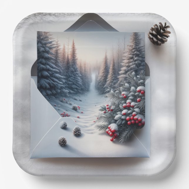 Plato De Papel Escena de bosque invernal en un sobre (Anverso)