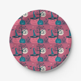 Plato De Papel Escena de calabaza rosa oscuro Halloween