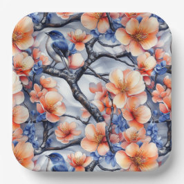 Plato De Papel Escena de flora y fauna azul y naranja