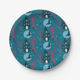 Plato De Papel Escena de Halloween con árboles rosa frambuesa