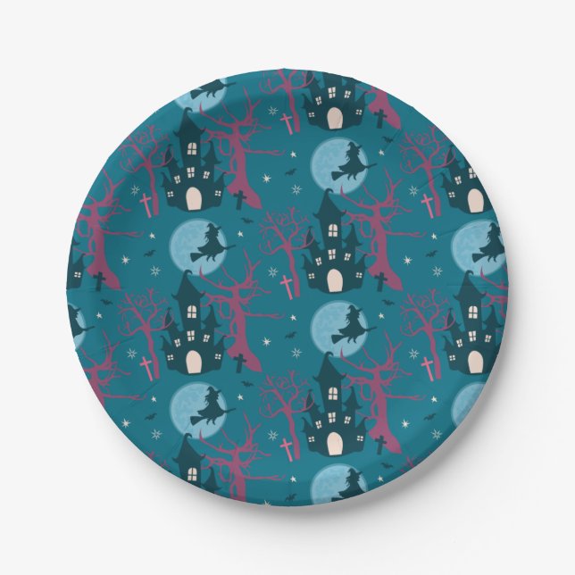 Plato De Papel Escena de Halloween con árboles rosa frambuesa (Anverso)