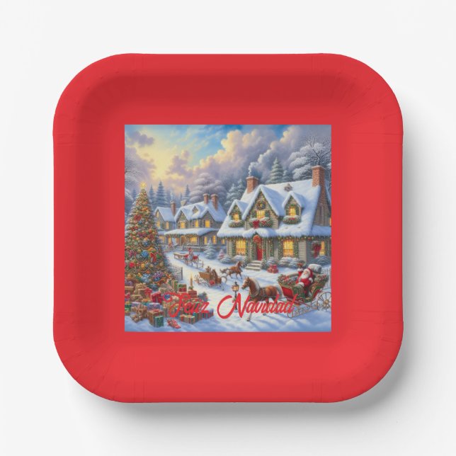 Plato De Papel Escena de la aldea de Navidades encantadores (Anverso)