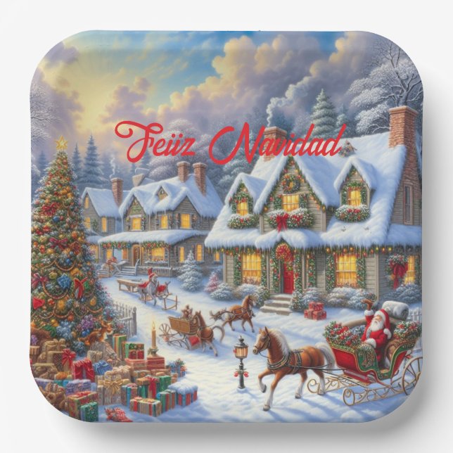 Plato De Papel Escena de la aldea de Navidades encantadores (Anverso)