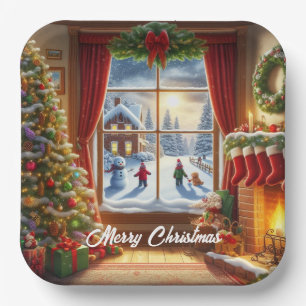 Plato De Papel Escena de la ventana Navidades acogedores