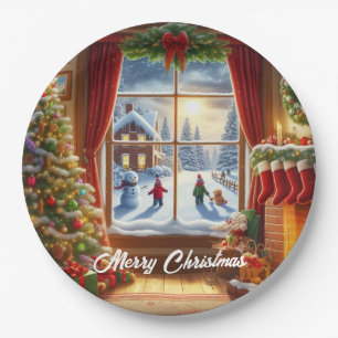 Plato De Papel Escena de la ventana Navidades acogedores
