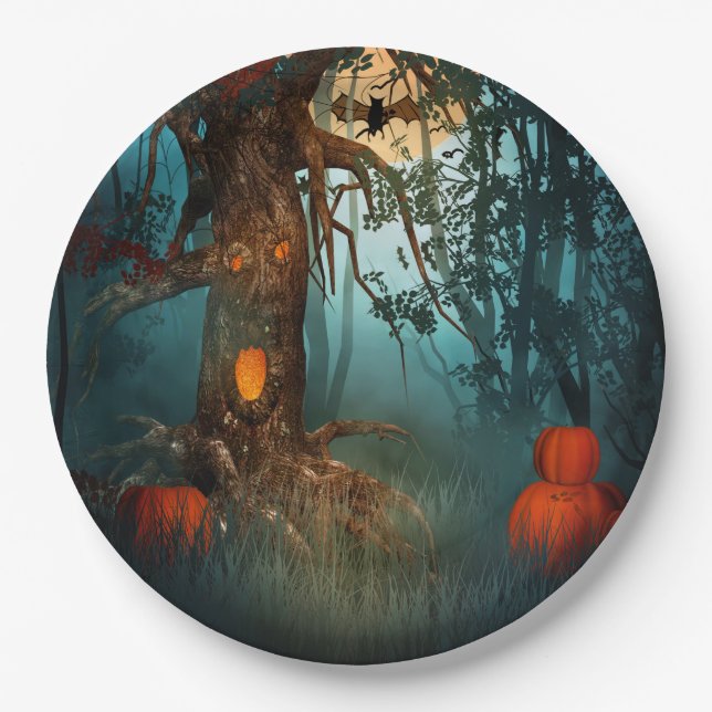 Plato De Papel Escena de miedo de Halloween (3) ambos tamaños (Anverso)