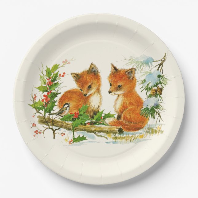 Plato De Papel Escena de Navidades Retro de zorros de época (Anverso)