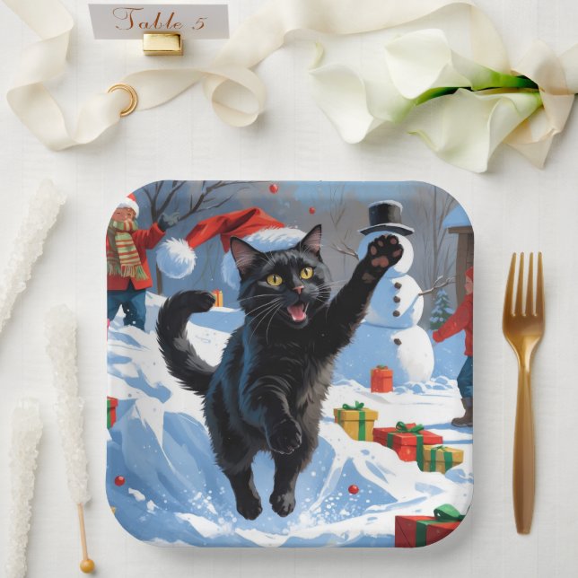 Plato De Papel Escena de nieve festiva para Navidades de gato neg (Boda)