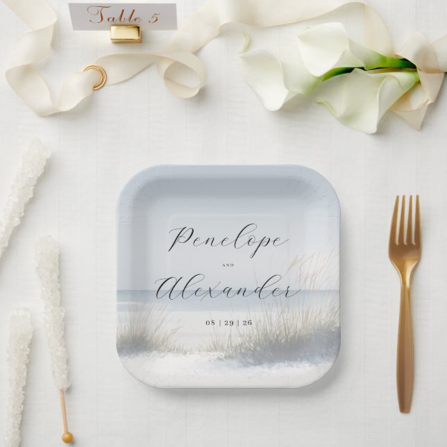 Plato De Papel Escena de playa azul serena (Boda)