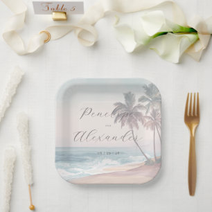 Plato De Papel Escena de playa de acuarela pastel romántica
