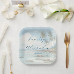 Plato De Papel Escena de playa pastel pacífica