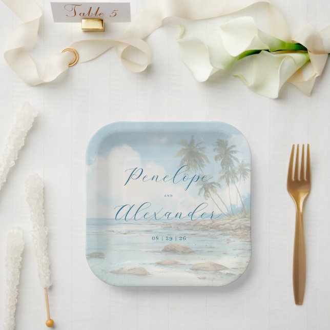 Plato De Papel Escena de playa pastel pacífica (Boda)