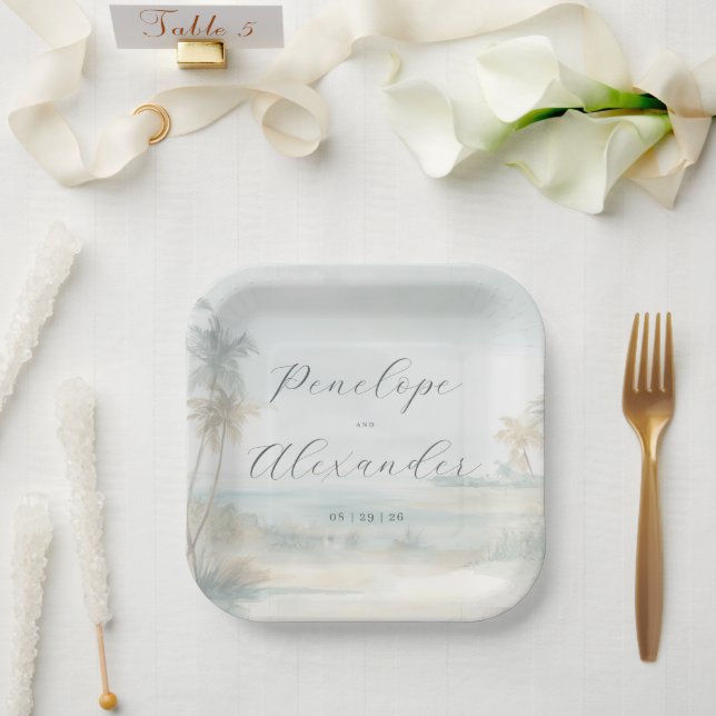 Plato De Papel Escena de playa pastel soñadora (Boda)