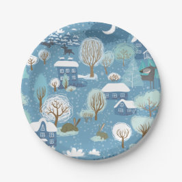 Plato De Papel Escena del pueblo vintage de la noche de invierno