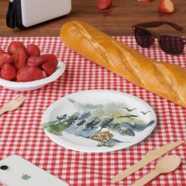 Plato De Papel escena forestal en acuarela 
