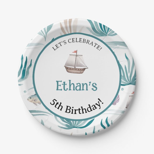 Plato De Papel Escena oceánica de acuarela suave (Anverso)