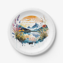 Plato De Papel Escenario de montaña acuático