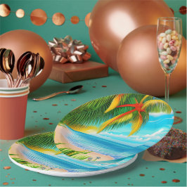 Plato De Papel Escenario Tropical Beach Palm Tree