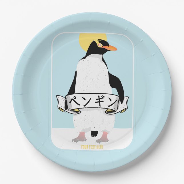 Plato De Papel Escritura pingüino japonesa que lee el pingüino (Anverso)