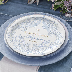Plato De Papel escudo azul acuarela bebé niño Bautismo