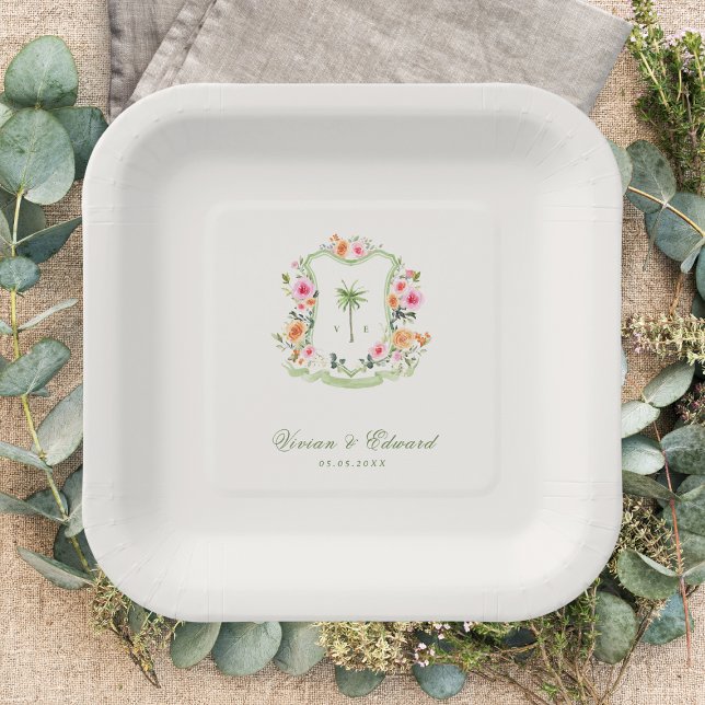 Plato De Papel Escudo de árbol de palmas tropicales Monograma Bod (Subido por el creador)