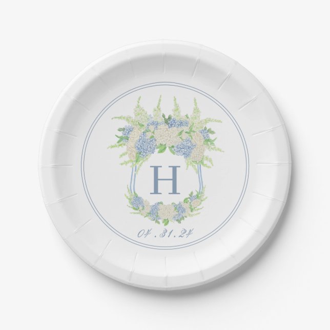 Plato De Papel Escudo de hidrangea azul y blanca (Anverso)