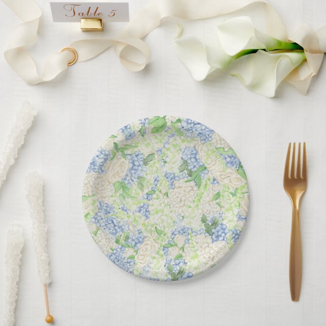 Plato De Papel Escudo de hidrangea azul y blanca (Boda)