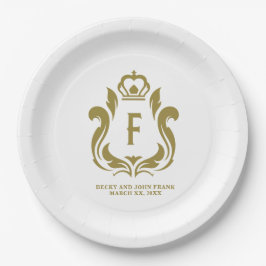 Plato De Papel Escudo de oro Monogramado