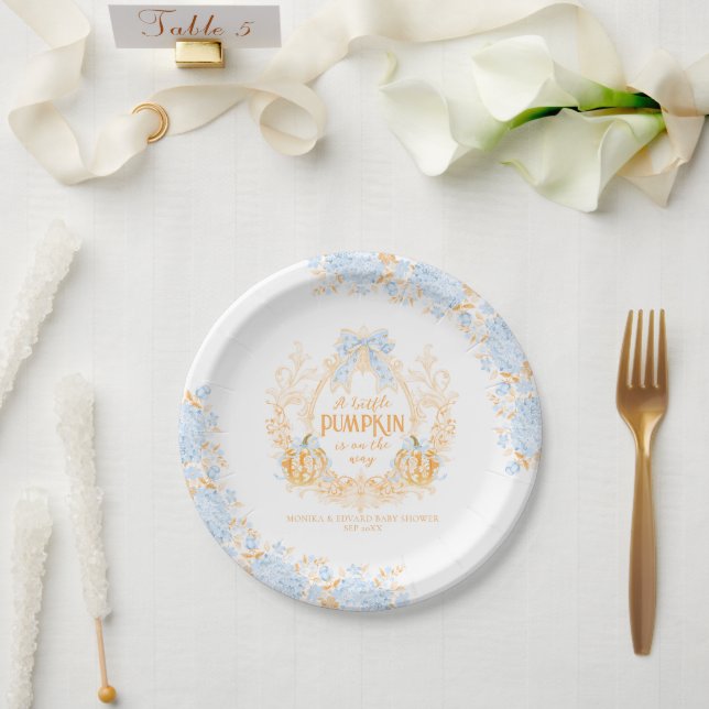 Plato De Papel Escudo de toile de calabaza Elegant Boy Baby Showe (Boda)
