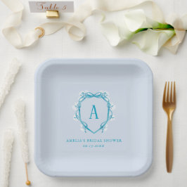 Plato De Papel Escudo Floral Azul Monograma Ducha Británica