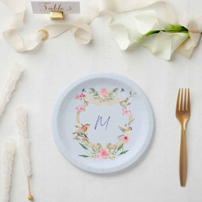 Plato De Papel Escudo floral azul monogramado (Boda)