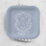 Plato De Papel Escudo floral azul y azul turbio Monograma Boda<br><div class="desc">Elegante plato de papel boda floral azul victoriano. Para una personalización más avanzada de este diseño,  haga clic en el BOTÓN HERRAMIENTA DE DISEÑO de arriba.</div>