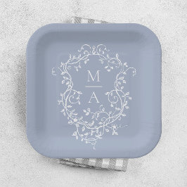 Plato De Papel Escudo floral azul y azul turbio Monograma Boda