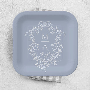 Plato De Papel Escudo floral azul y azul turbio Monograma Boda