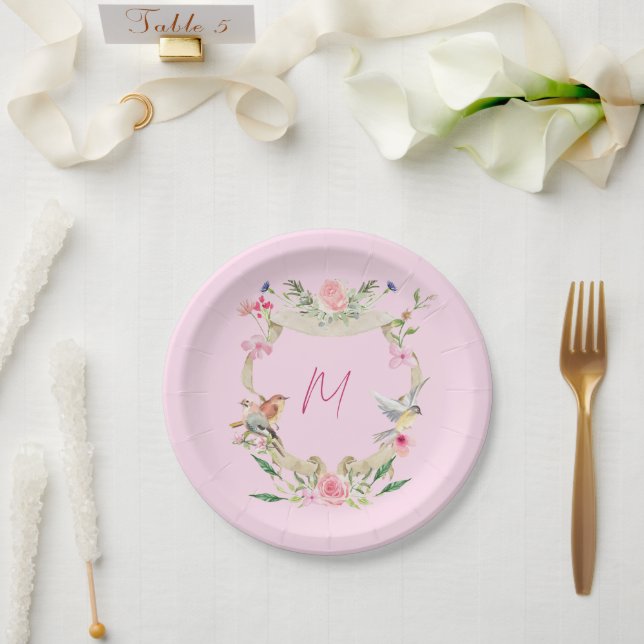 Plato De Papel Escudo floral Monogramado (Boda)