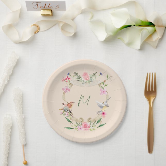 Plato De Papel Escudo floral Monogramado Sexo Neutral (Boda)