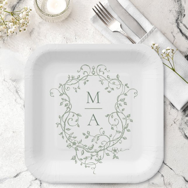 Plato De Papel Escudo floral Sage Green Classic Monograma Boda (Subido por el creador)