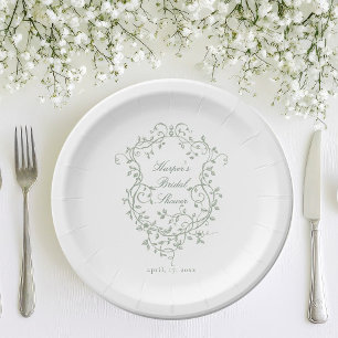 Plato De Papel Escudo foral elegante francés Sage Green Bridal S