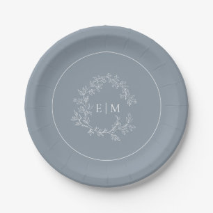 Plato De Papel Escudo moderno de cuero azul turbio monograma Boda