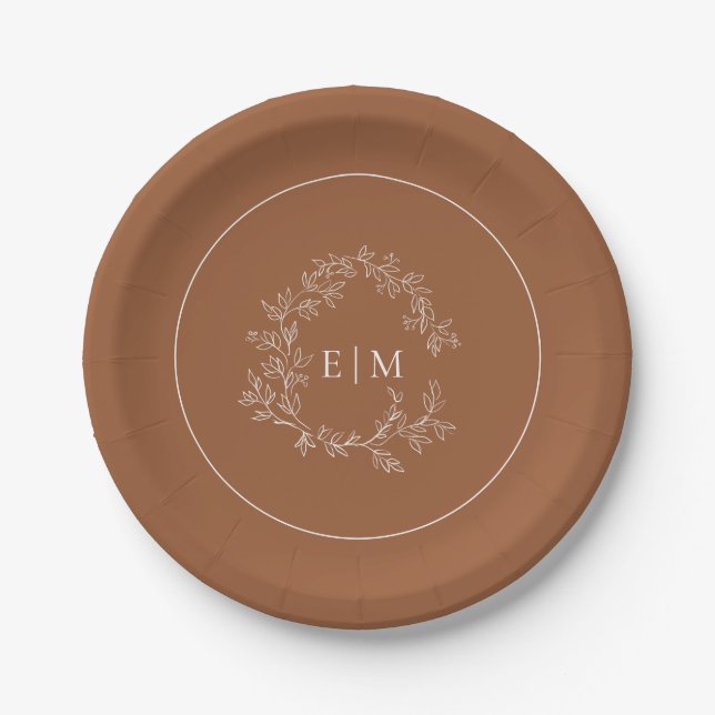 Plato De Papel Escudo moderno de terracota Leafy Monograma Boda (Anverso)