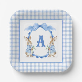 Plato De Papel Escudo Monograma de Blue Bunny Rabbit Gingham