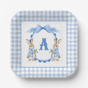 Plato De Papel Escudo Monograma de Blue Bunny Rabbit Gingham