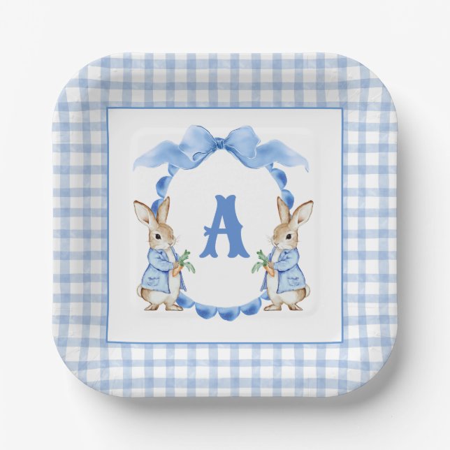 Plato De Papel Escudo Monograma de Blue Bunny Rabbit Gingham (Anverso)