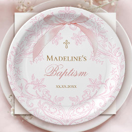 Plato De Papel escudo rosa de color de agua | Bautismo
