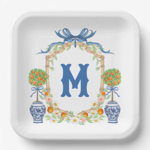 Plato De Papel Escudo Topiary de Bambú y Naranja   Monograma de 1