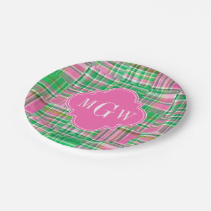 Plato De Papel Esmeralda Rosa Brillante Preppy Parche Madras Mono
